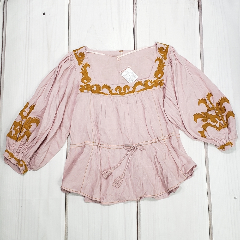 Free People Balloon Sleeve Tie Waist Boho Top